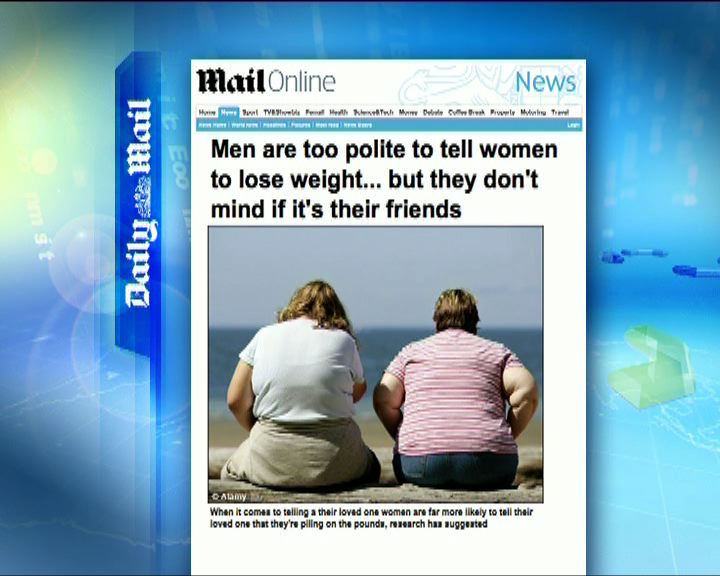 
環球薈報：調查指男性不敢提醒伴侶減肥