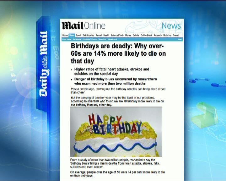 
環球薈報：年過六十易於生日死亡