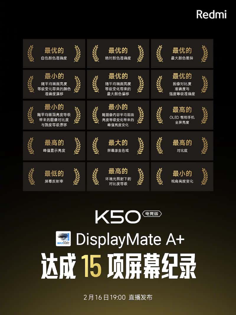 DisplayMate A+ 認證、破 15 項螢幕紀錄，小米披露 Redmi K50 電競版畫面表現