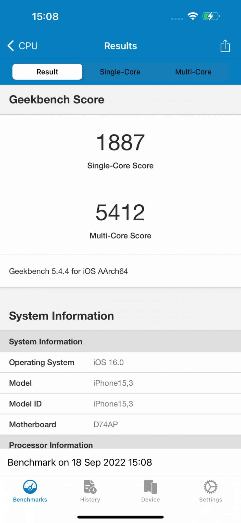 ▲ 與 iPhone 14 Pro 一樣，在《GeekBench》多核獲達 5,412 分頂級表現