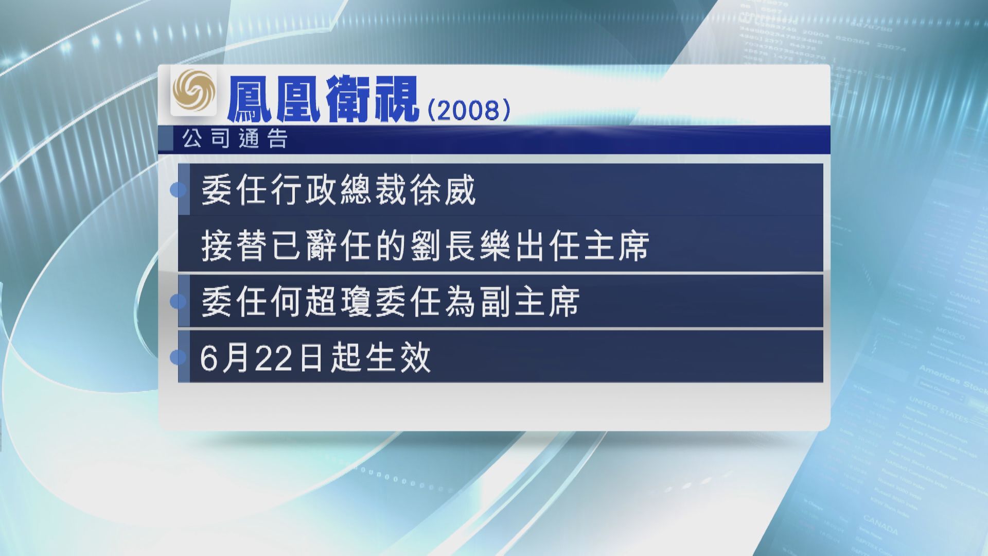 何超瓊任鳳凰衛視副主席  CEO任主席