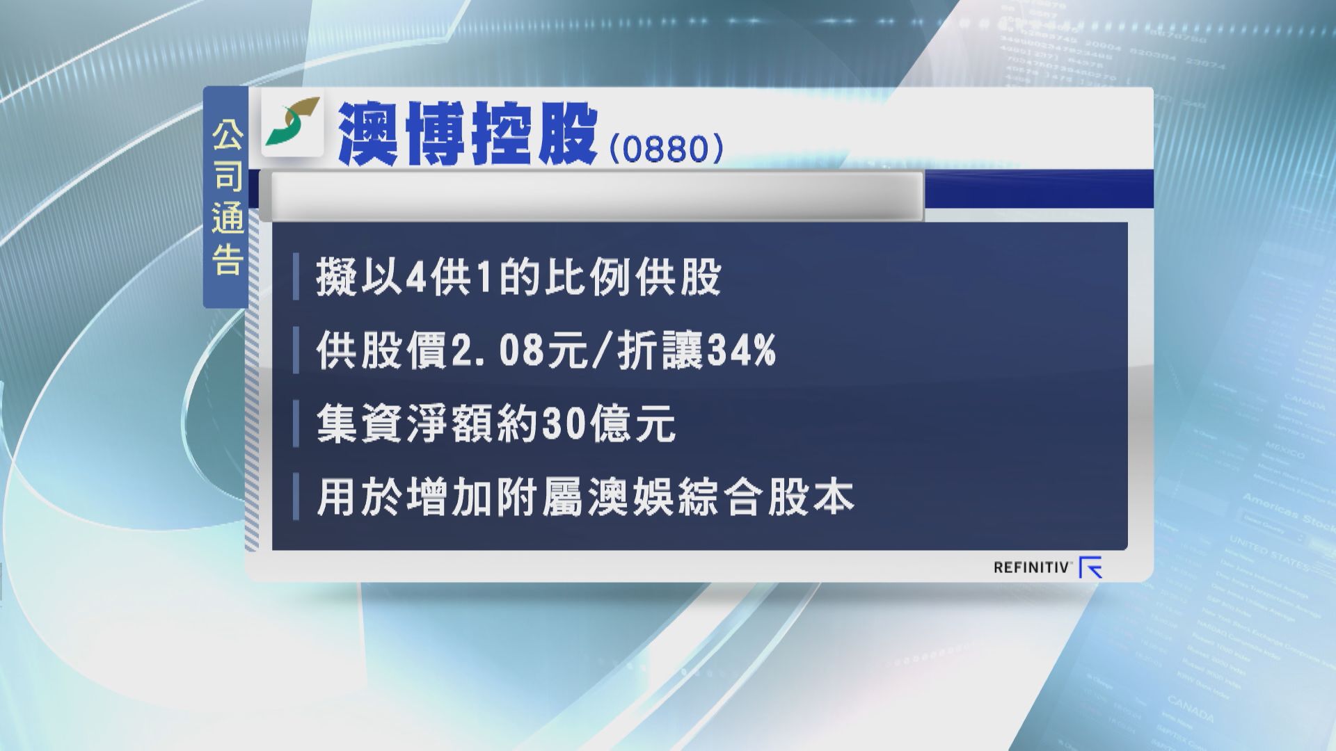 【折讓34%】澳博控股擬4供1 集資約30億元