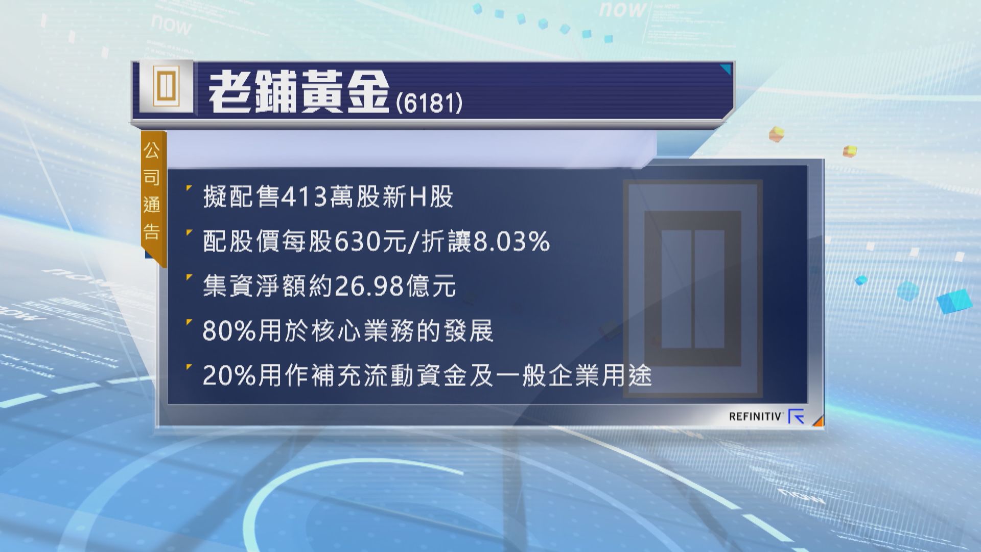 老鋪黃金折讓8%配售新股 集資近27億元