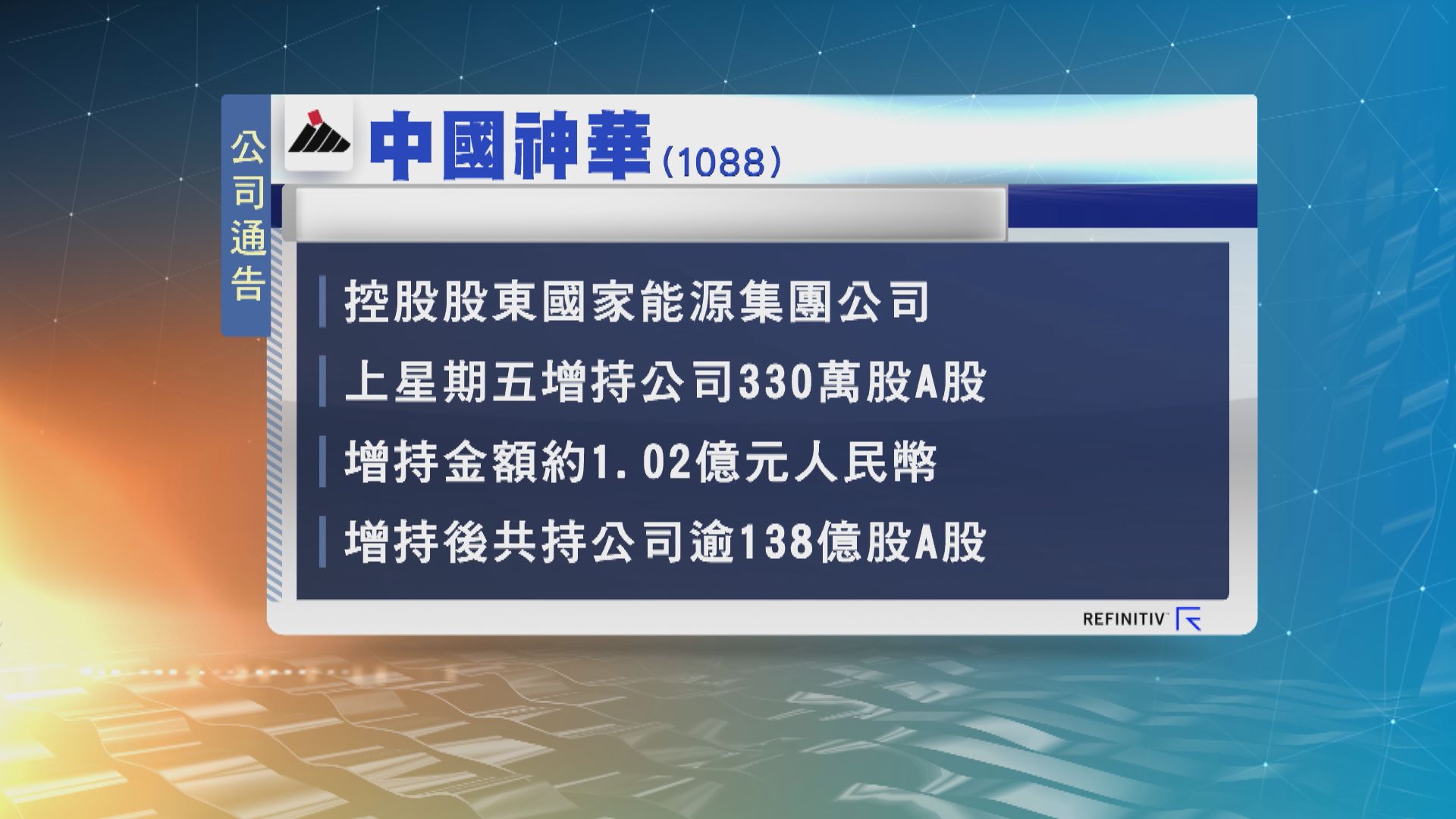 中國神華獲控股股東增持 涉資約1億元人民幣