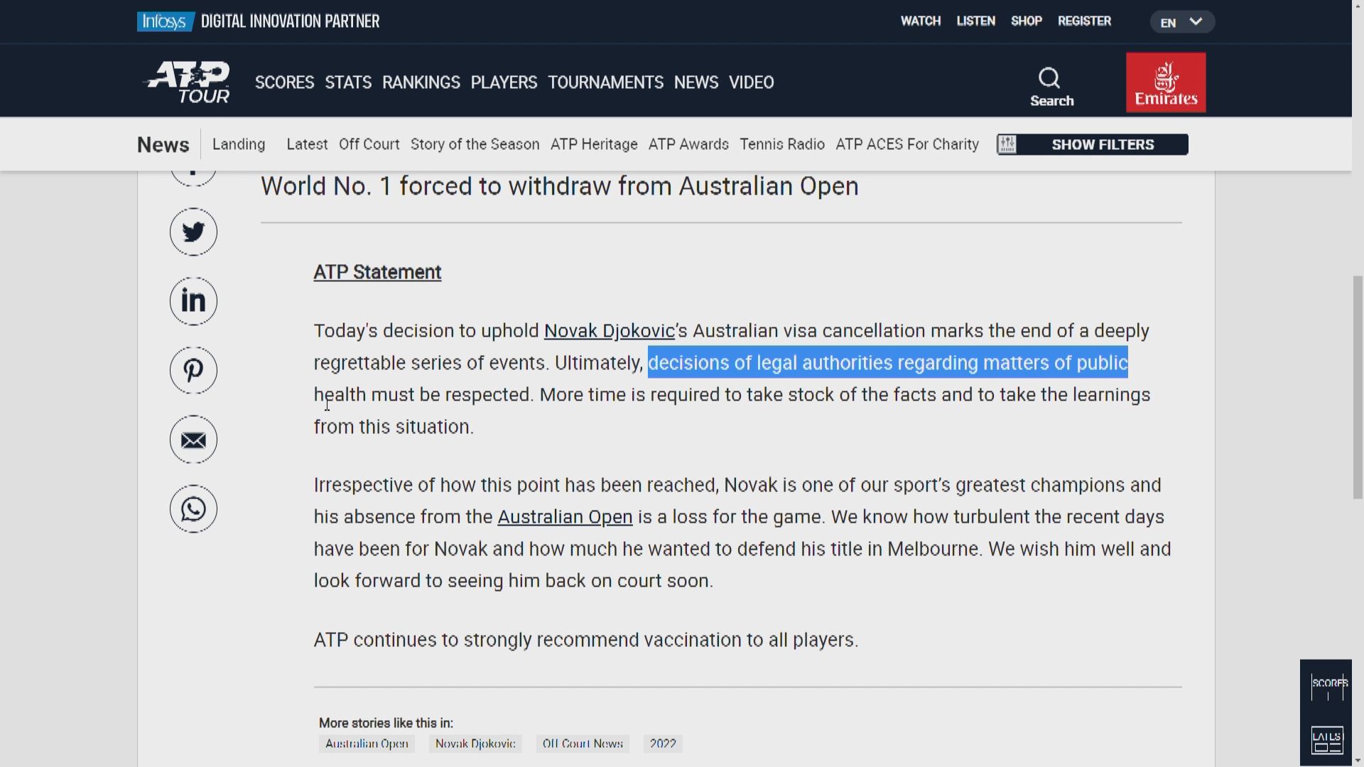 澳網安排卡路素取代祖高域出戰　ATP指祖高域缺賽屬比賽損失