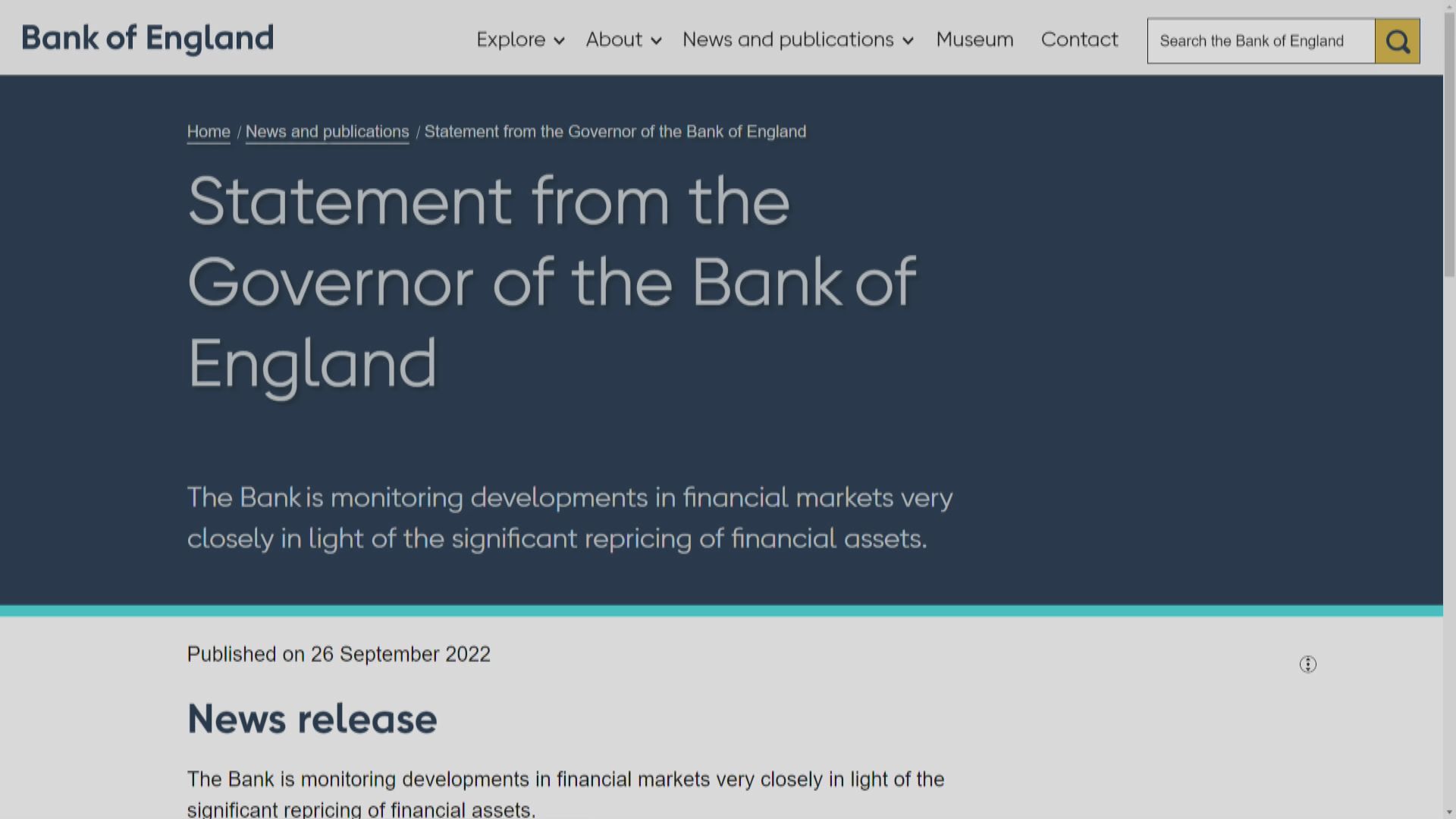 英倫銀行：擬評估英鎊下跌及財政計劃