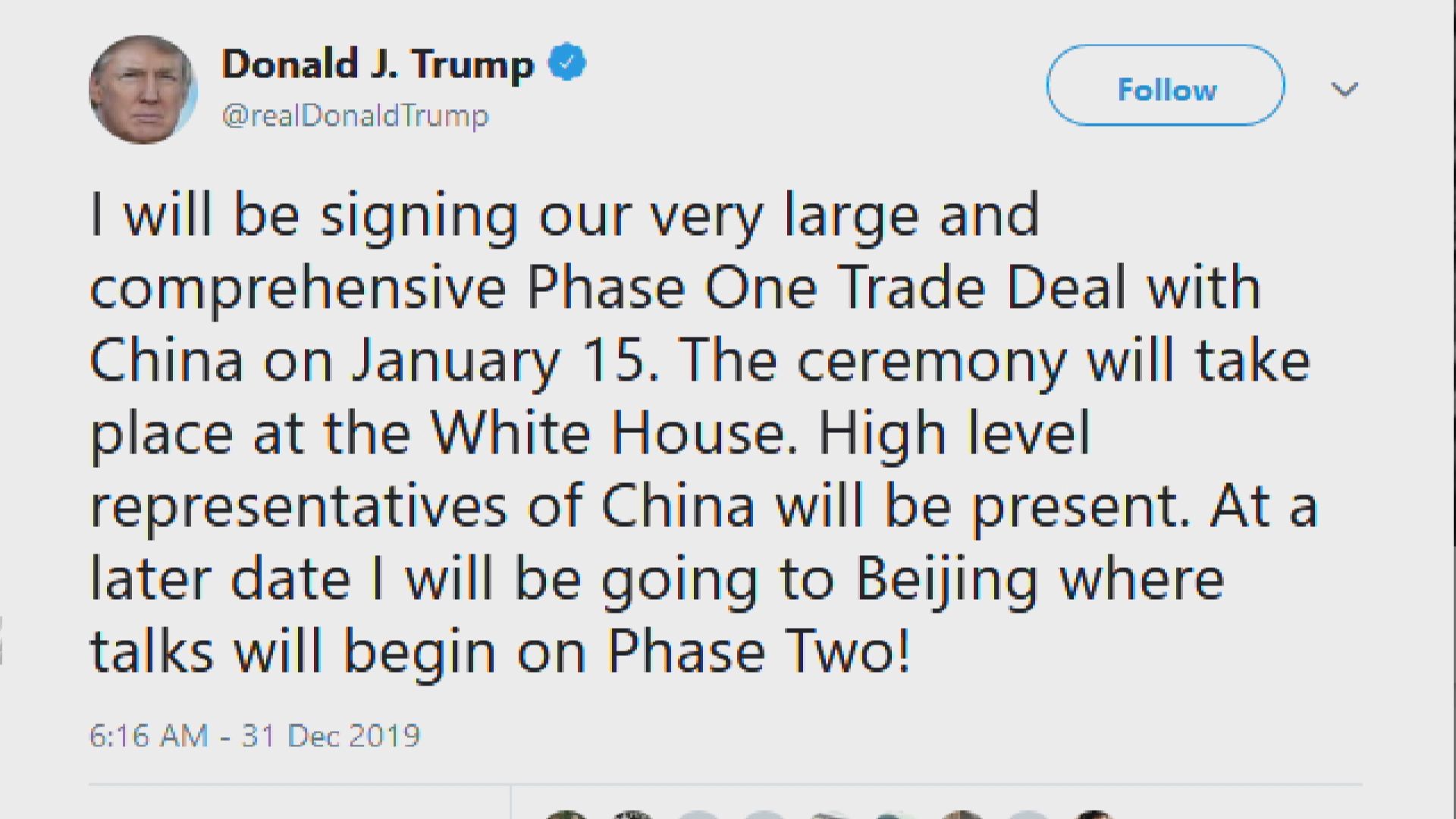 特朗普：1月15日與中國簽署貿易協議