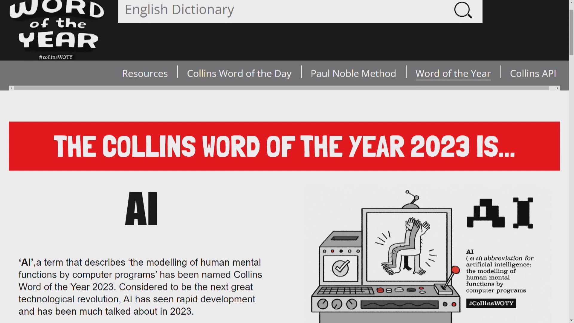 「AI」獲選為《柯林斯字典》2023年代表詞彙