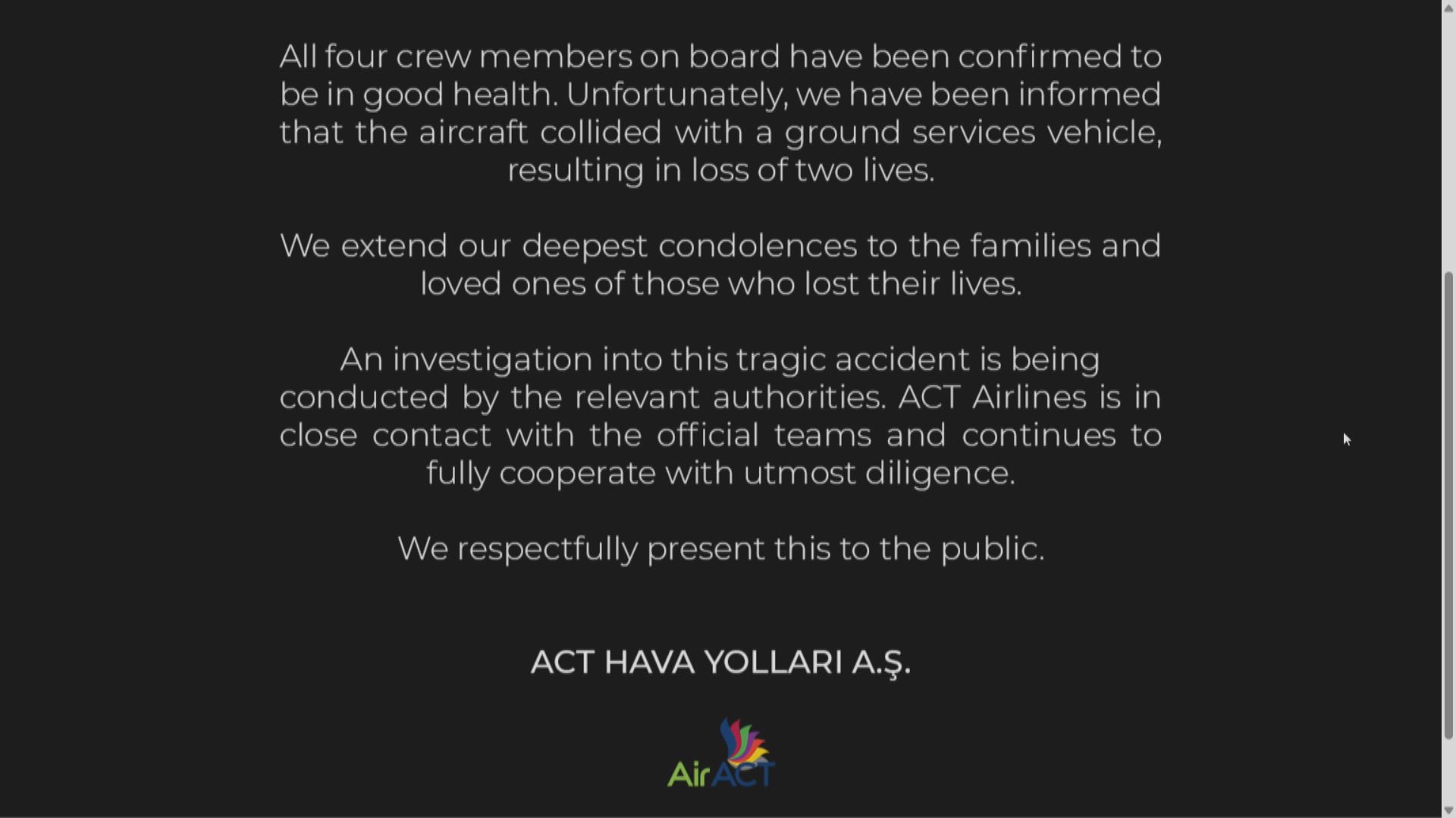 貨機衝落海釀兩死｜阿聯酋航空指涉事貨機由土耳其航空公司Act Airlines租用