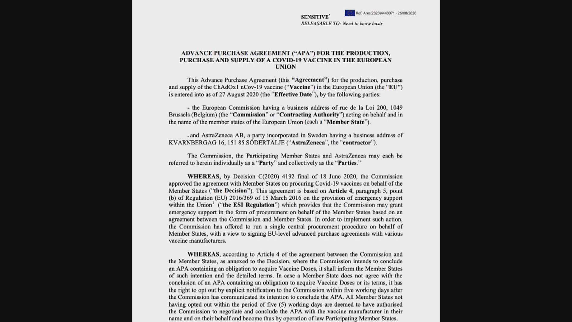 歐盟公開與阿斯利康的採購疫苗合同　