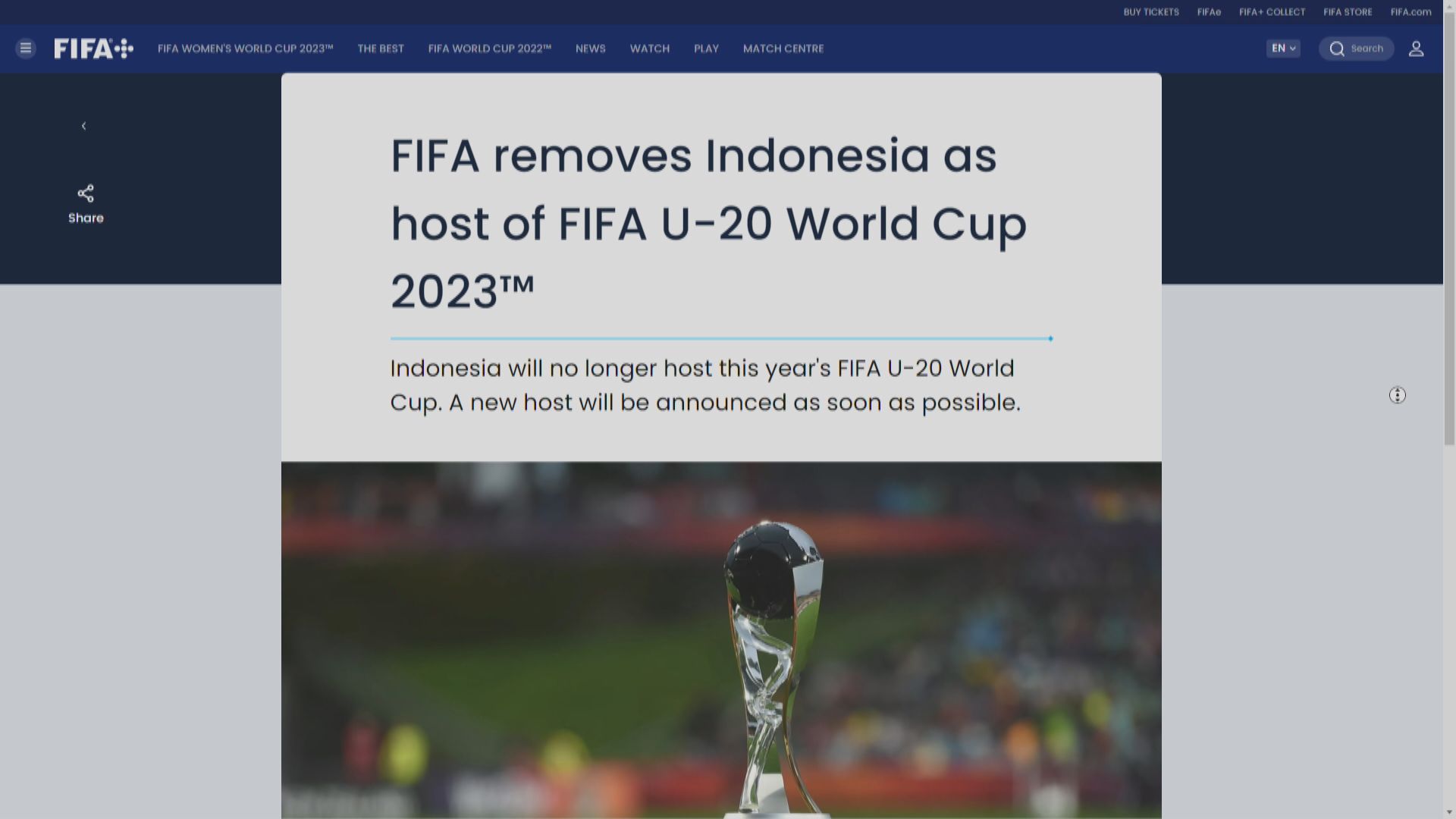 國際足協宣布取消印尼主辦U20青年足球世界盃資格