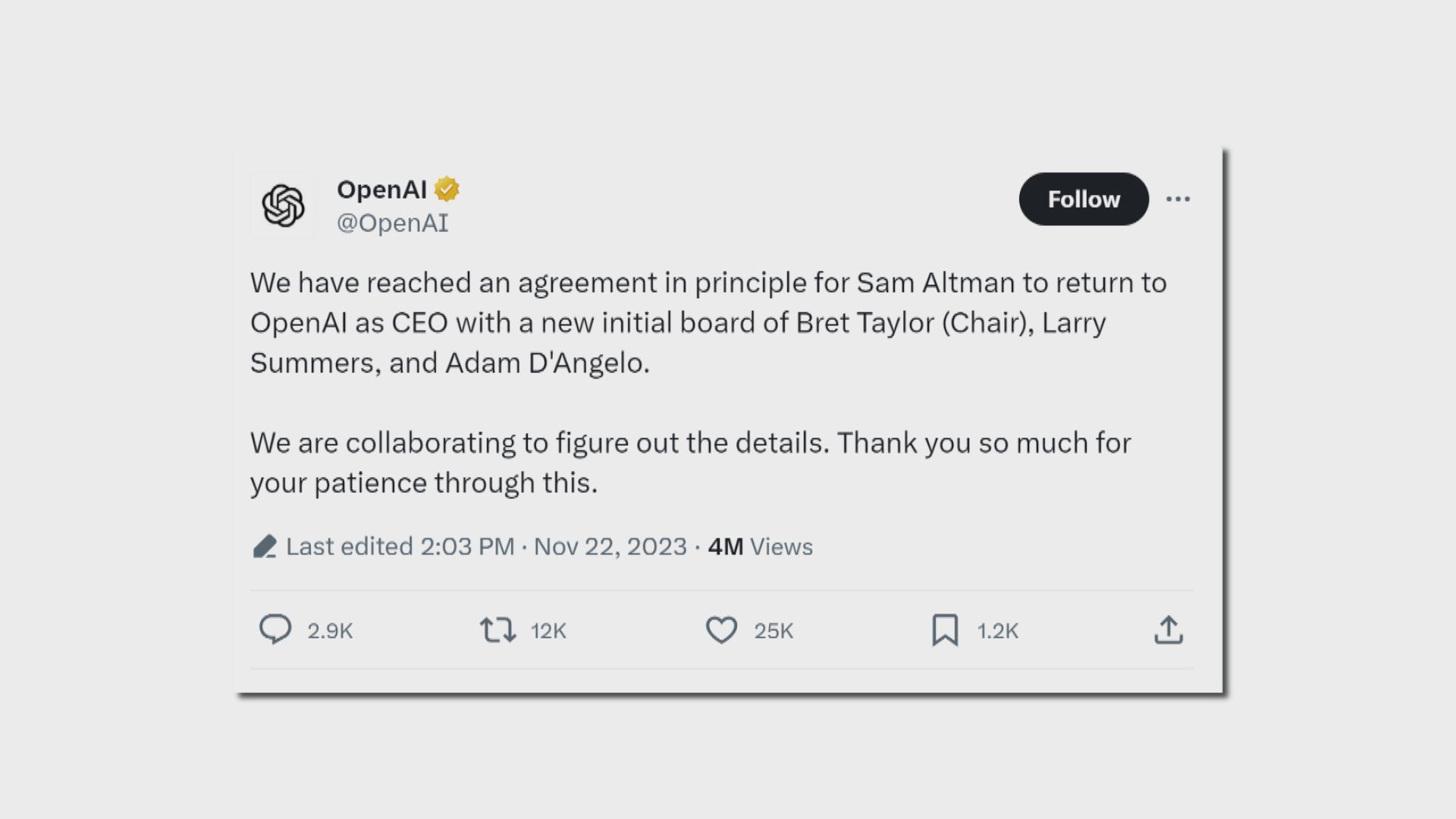【亂局再反轉】OpenAI指奧爾特曼回巢任CEO 董事會換血