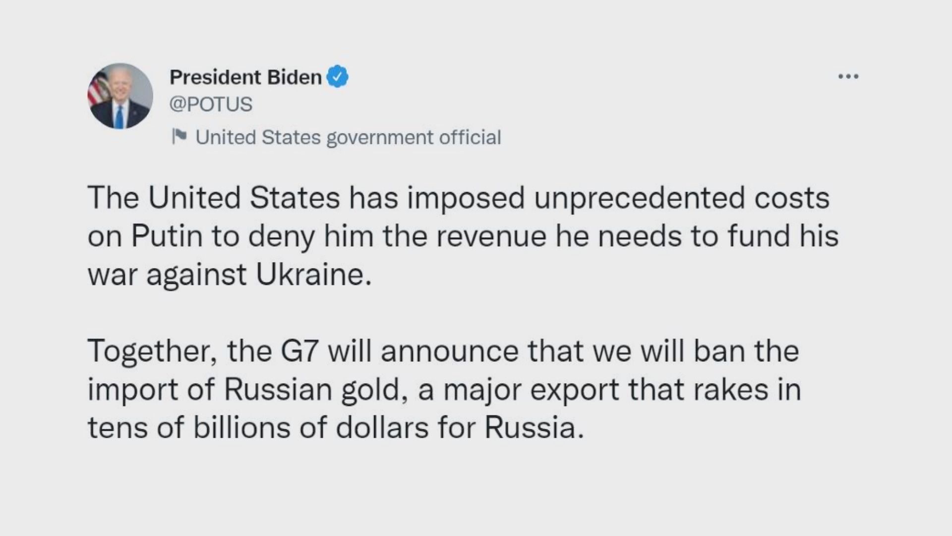 拜登：G7將共同宣布禁止俄羅斯黃金進口