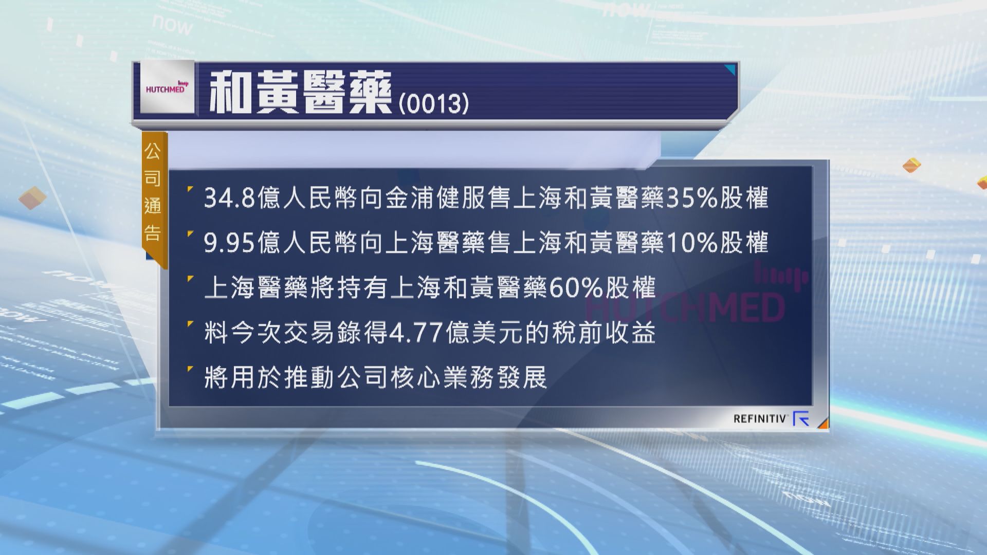 和黃醫藥近45億人民幣售上海和黃醫藥共45%股權