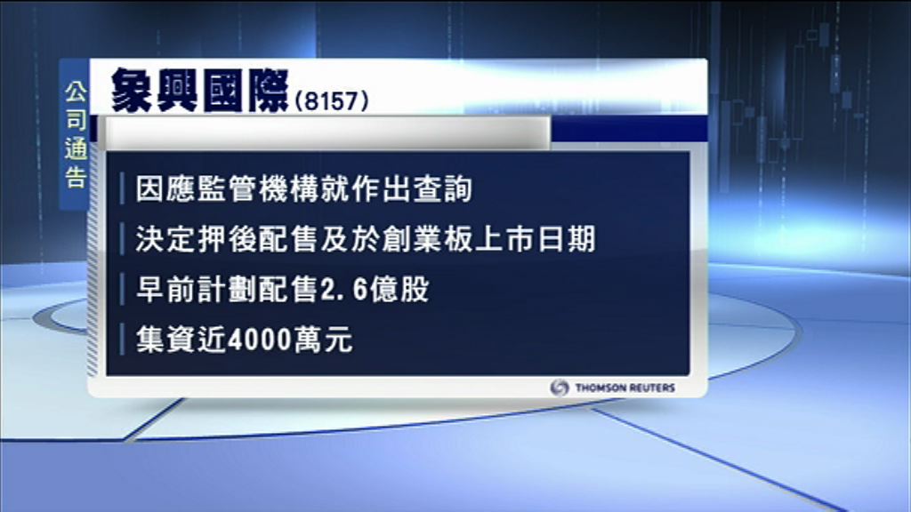 【因應監管機構查詢】象興押後配售及上市日期