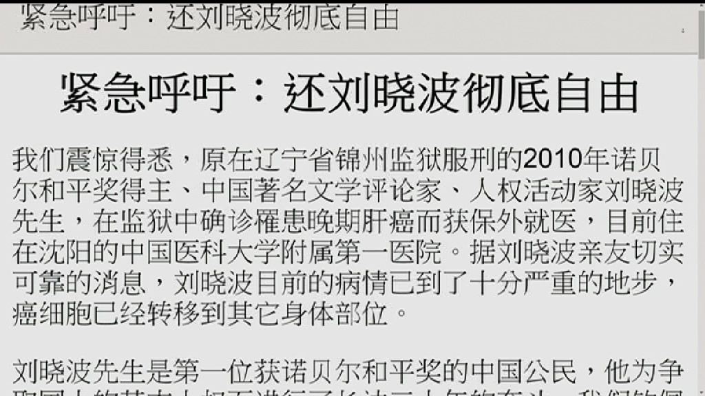 逾百維權人士聯署籲當局釋放劉曉波