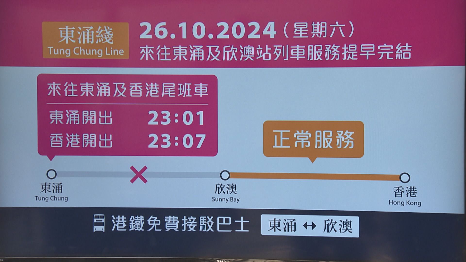 港鐵東涌至欣澳站今晚11時許提早停止服務