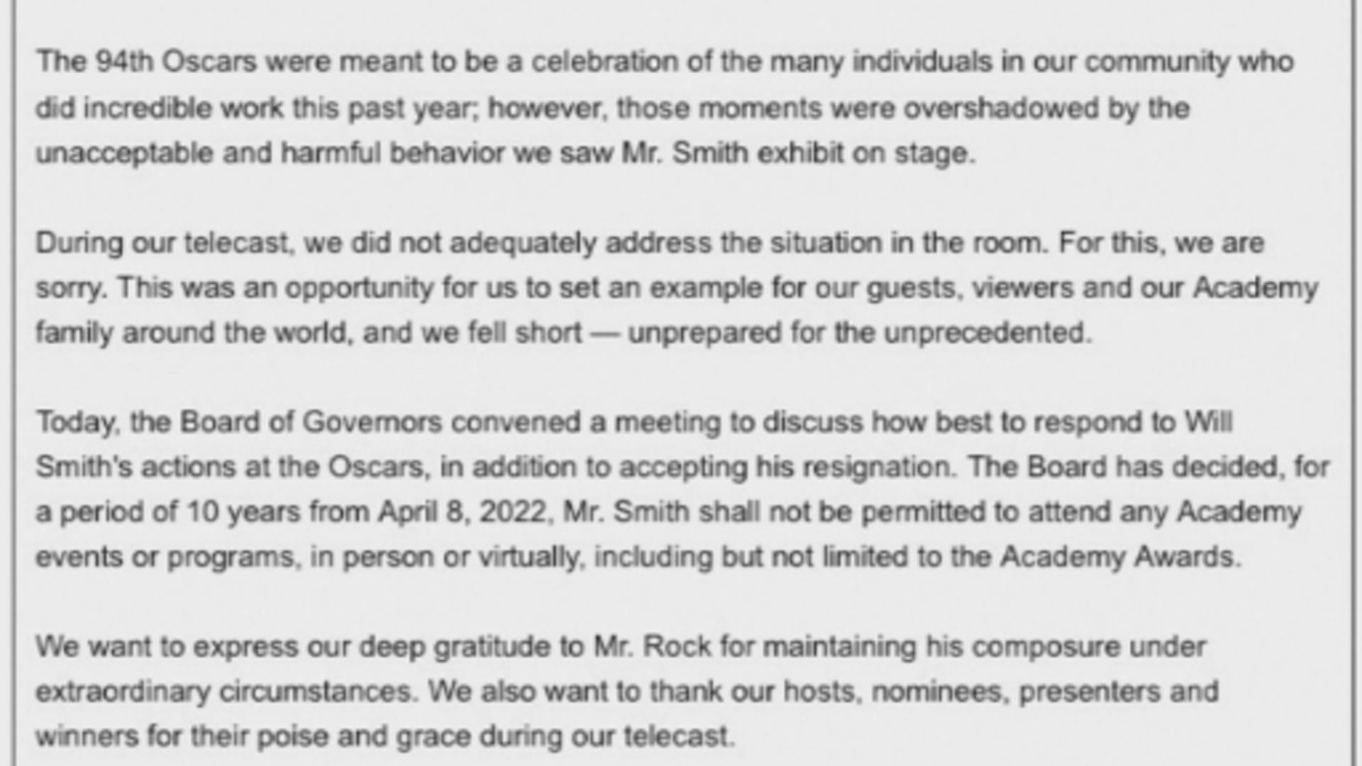 韋史密夫被禁止出席奧斯卡頒獎禮10年