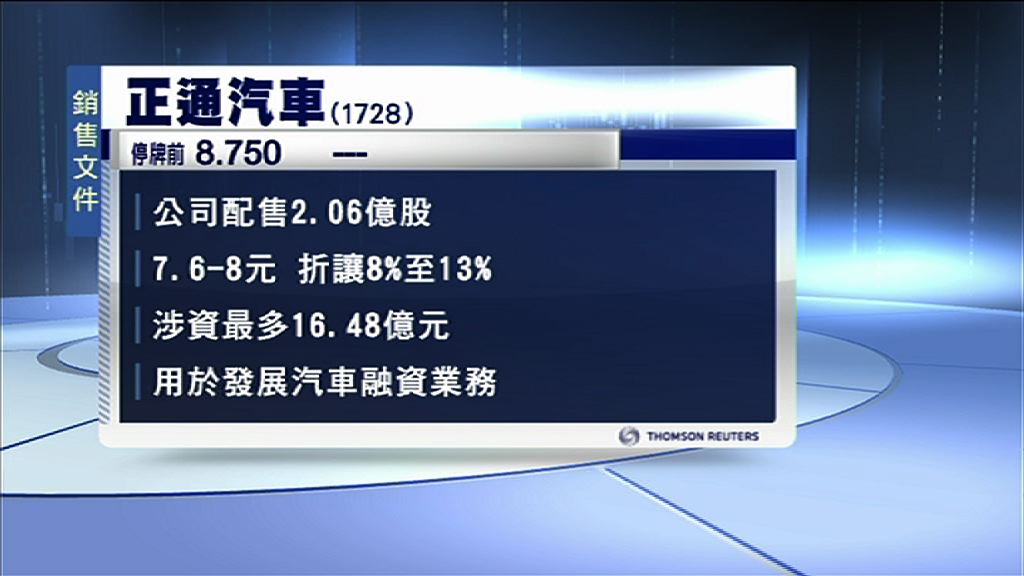 【發展汽車融資業務】正通擬折讓最多13%配股籌16億