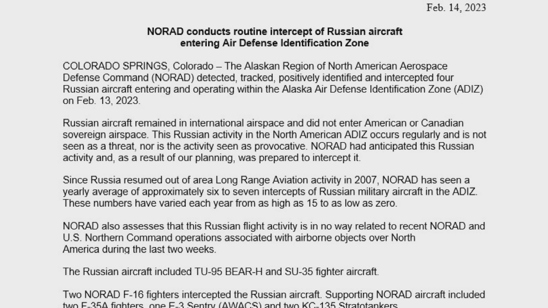 北美防空司令部指俄四架軍機周一曾進入阿拉斯加防空識別區