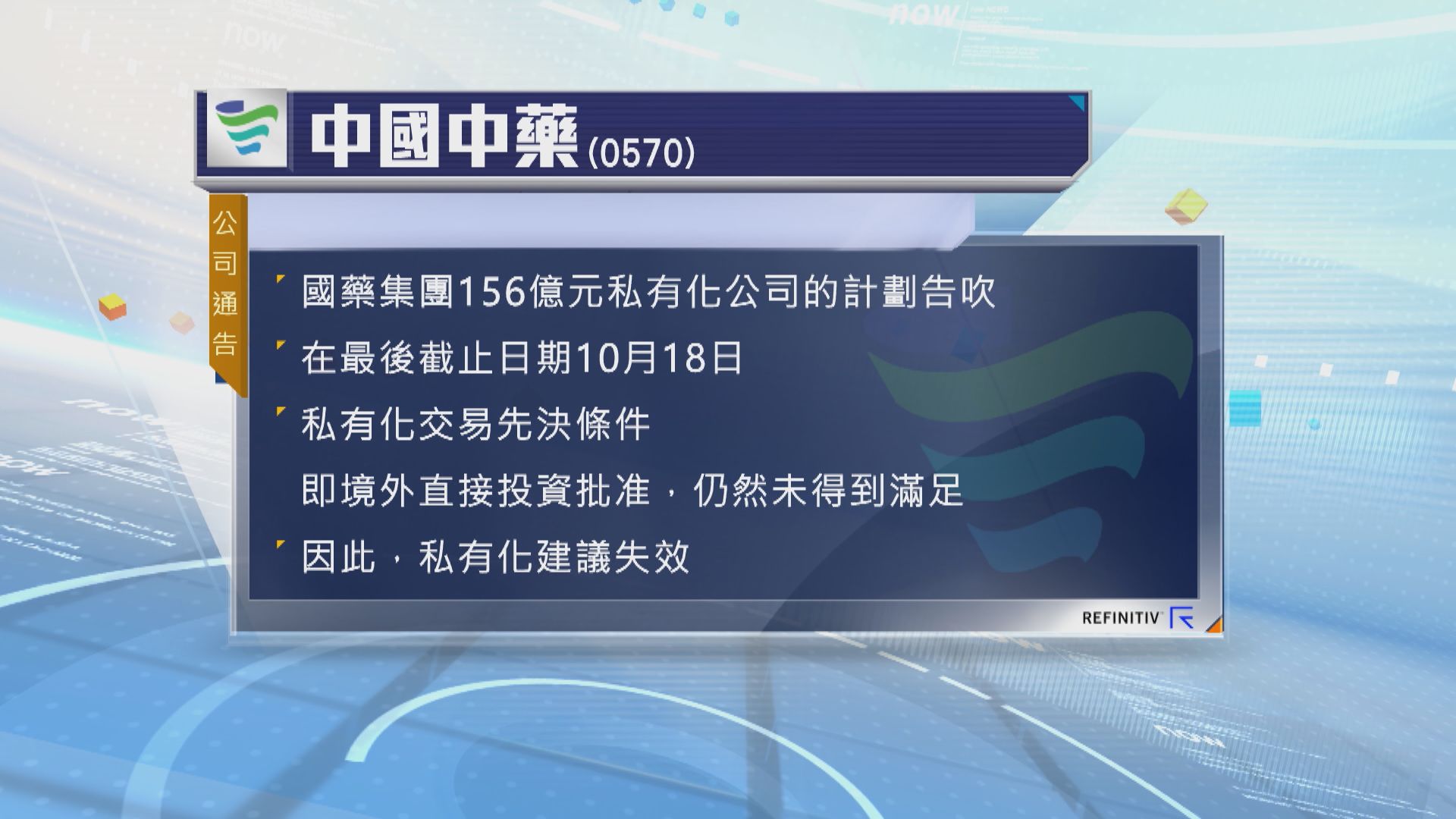 國藥集團156億元私有化中國中藥的計劃告吹