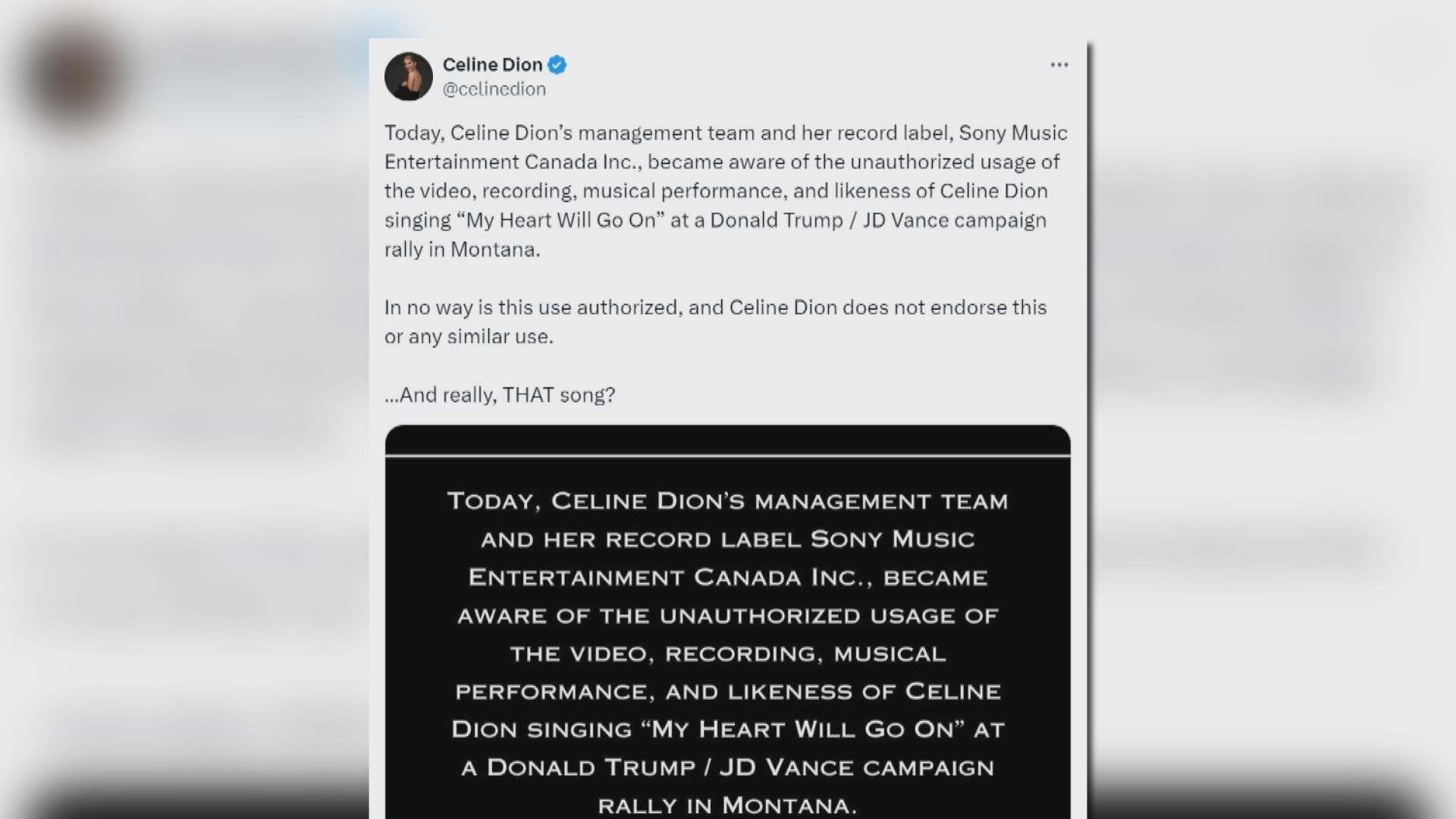 Celine Dion斥特朗普競選集會未經授權播放其名曲