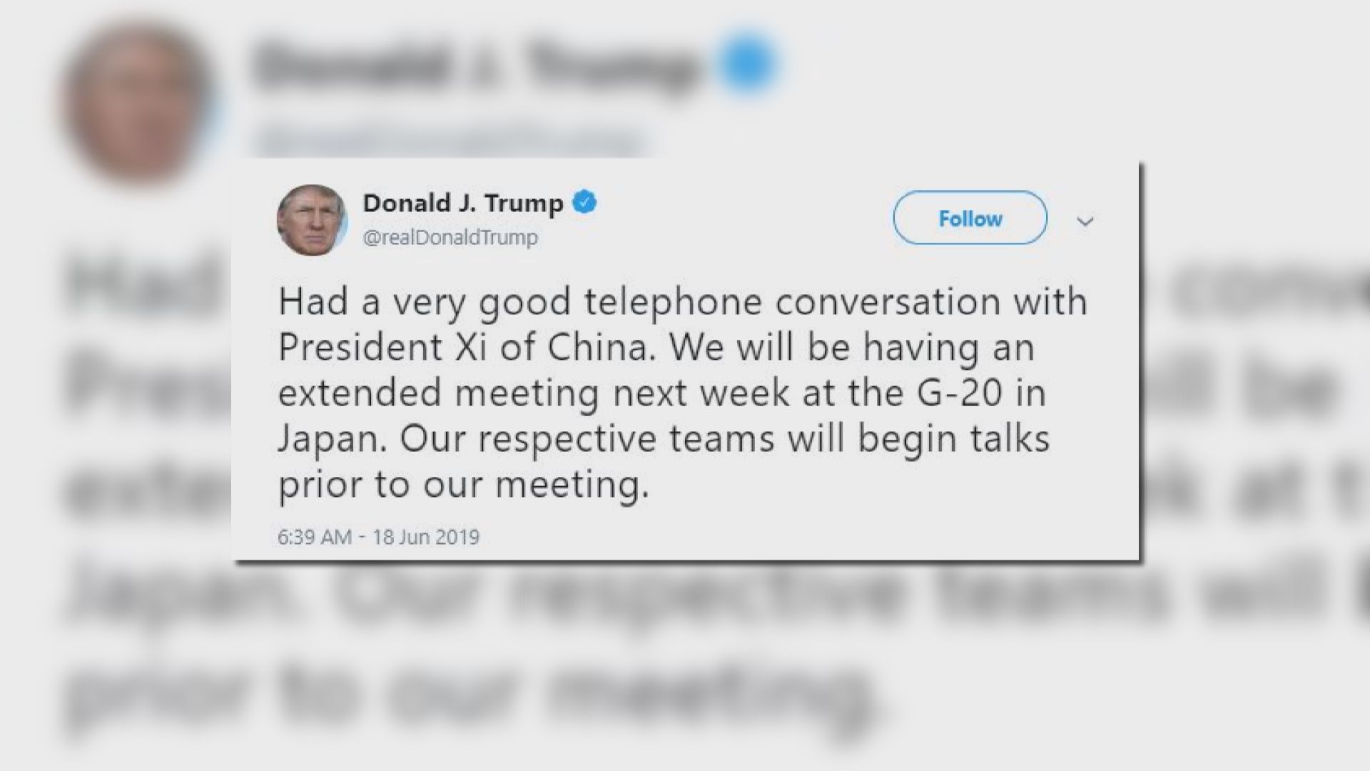 特朗普：中美元首將於G20峰會會面