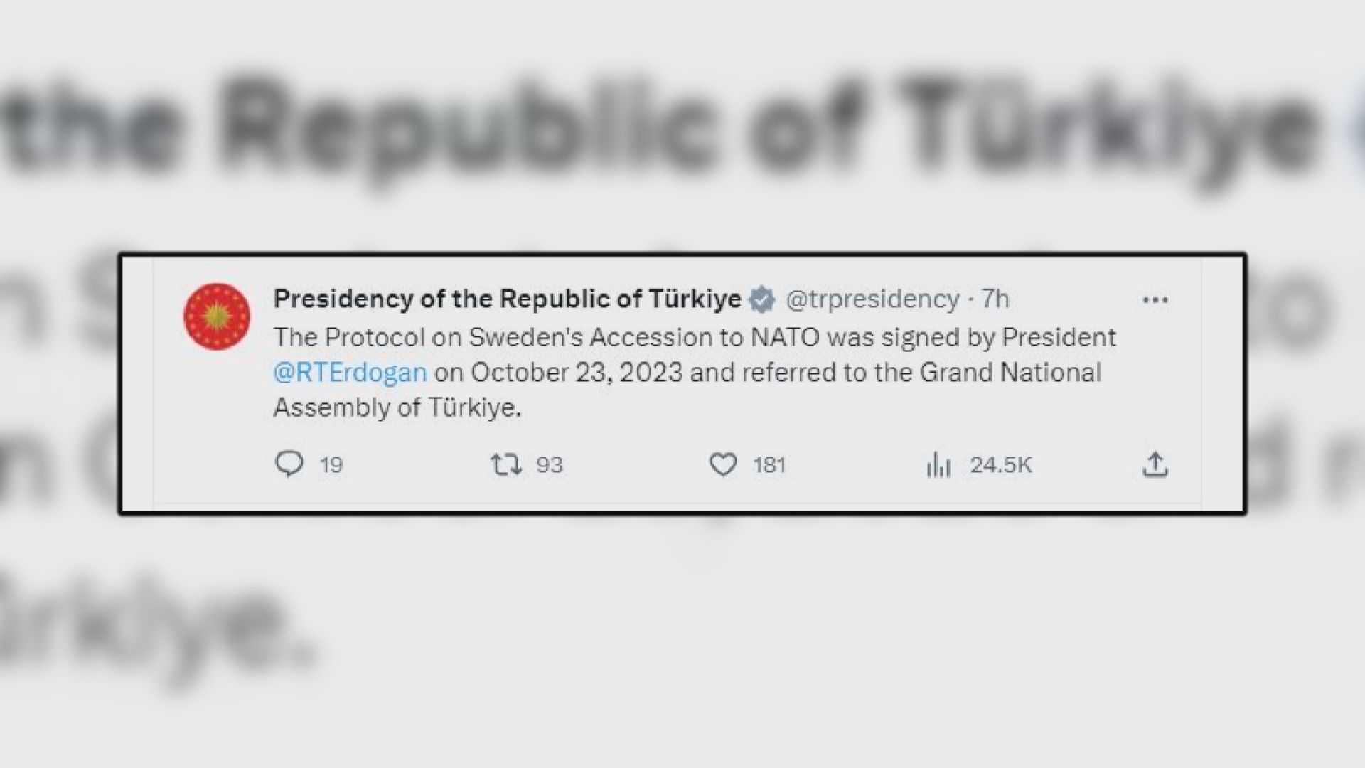 土耳其總統向國會提交同意瑞典加入北約議定書
