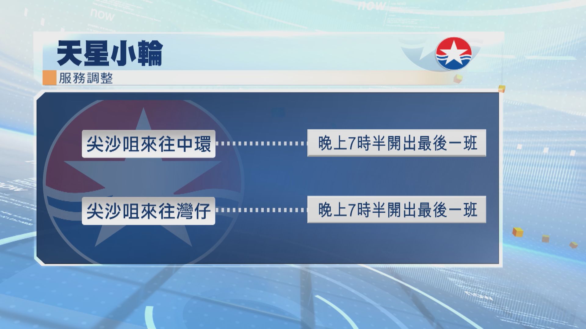 天星小輪尖沙咀來往中環及灣仔航線晚上7時半開出尾班船