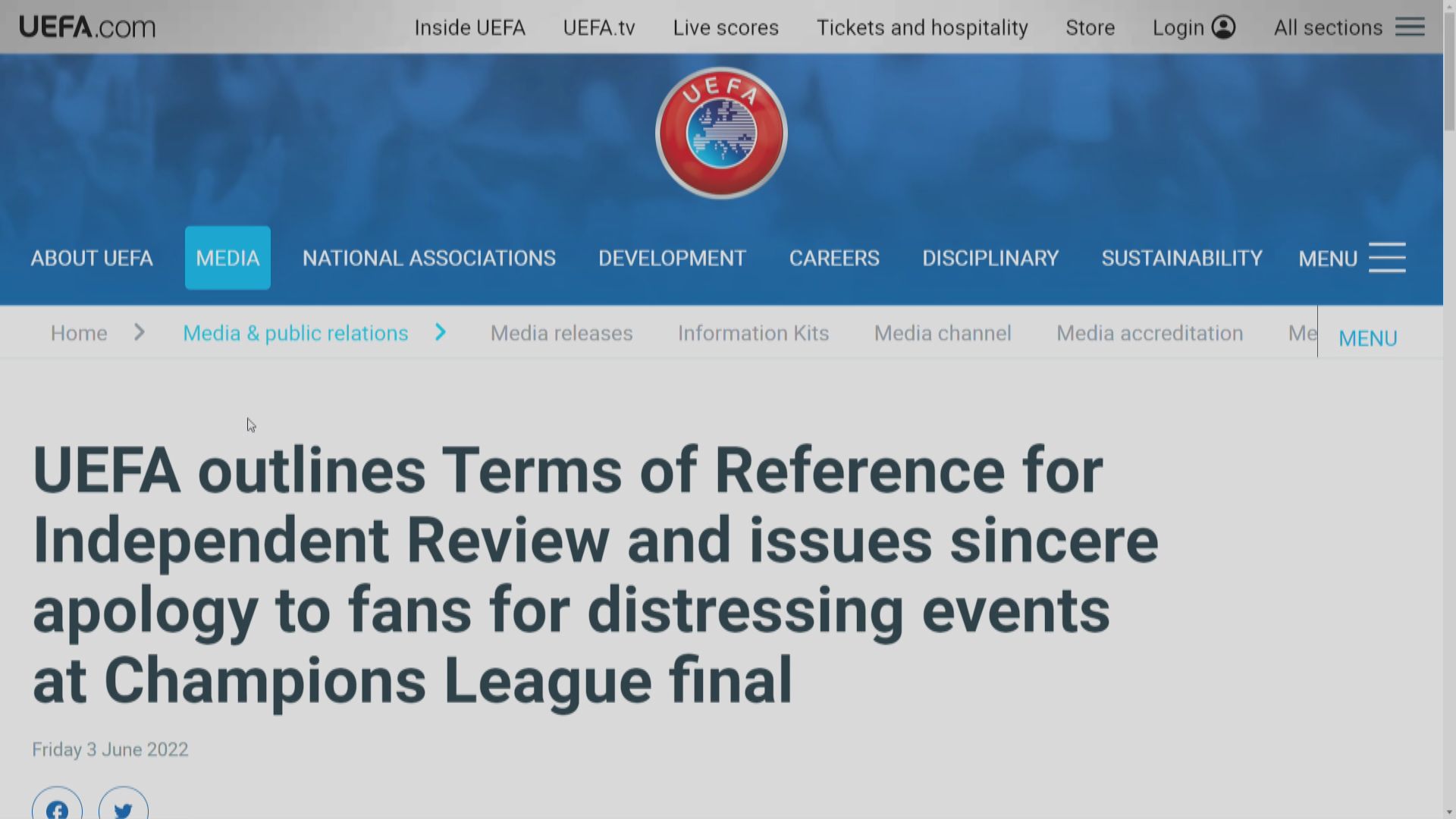 歐洲足協就歐聯決賽賽前混亂向球迷道歉