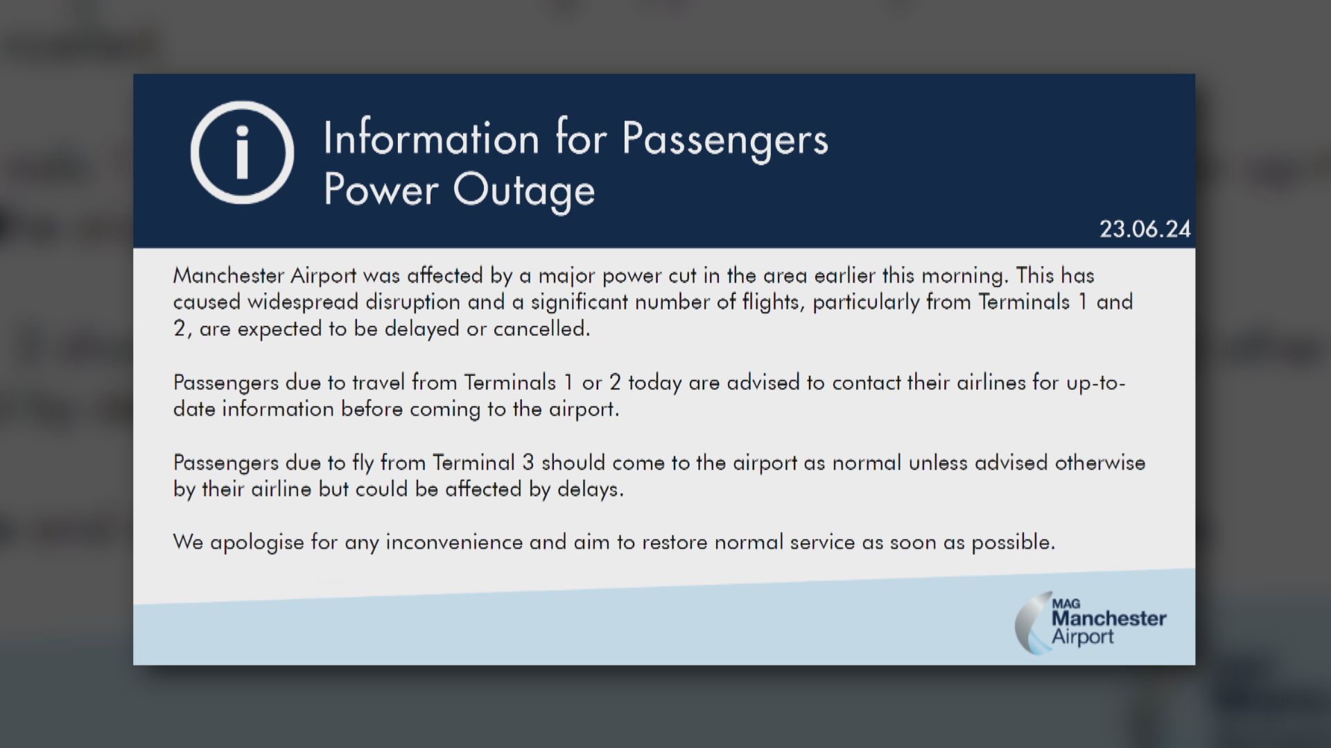 英國曼徹斯特機場停電 料有大量航班延誤或取消