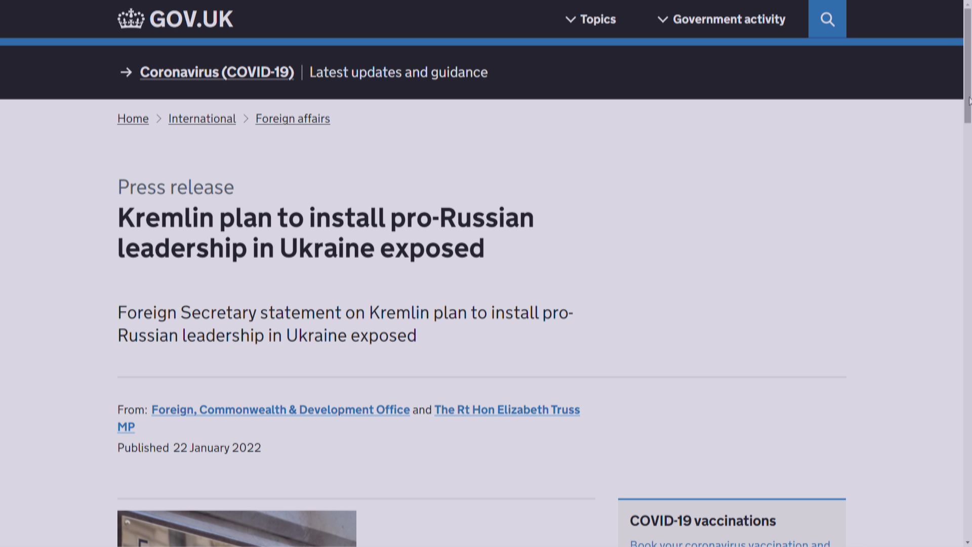 英國指俄羅斯計劃在烏克蘭扶植親俄政府