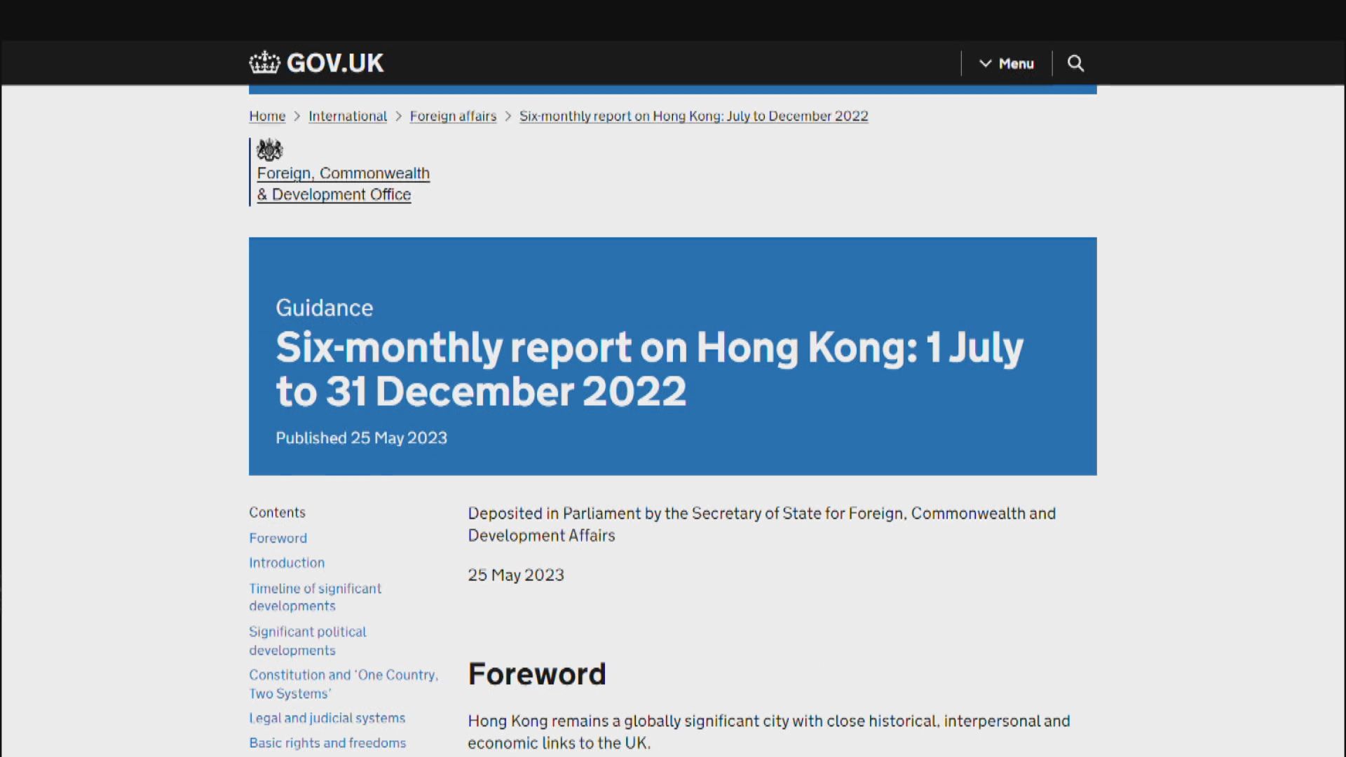 英國發表香港半年報告 特區政府批評對港惡意詆毀及政治攻擊