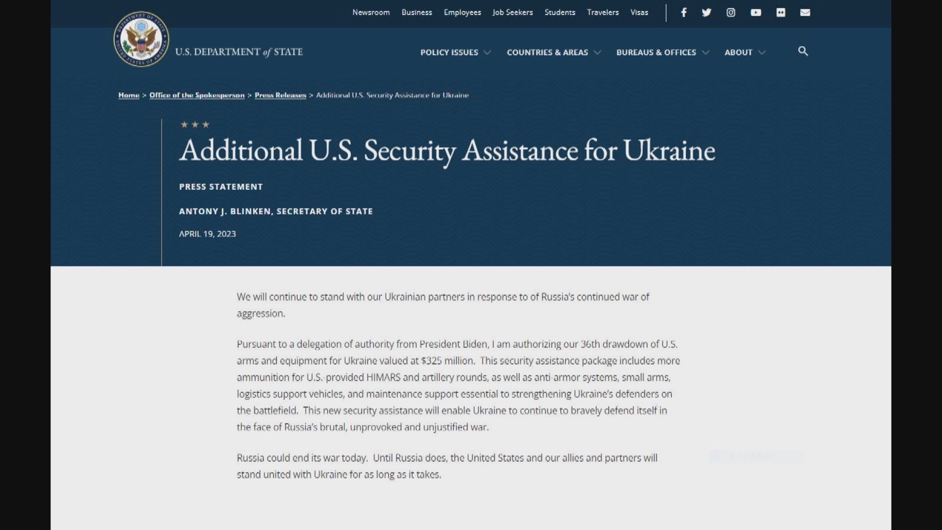 美國再向烏克蘭提供逾3億美元軍援