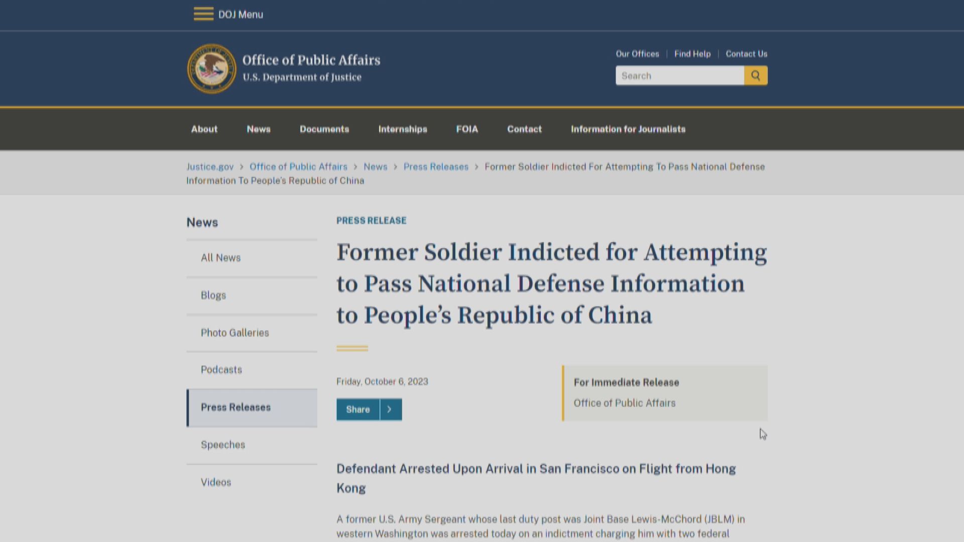 美國拘捕一名前美軍涉向中國政府提供機密國防資訊
