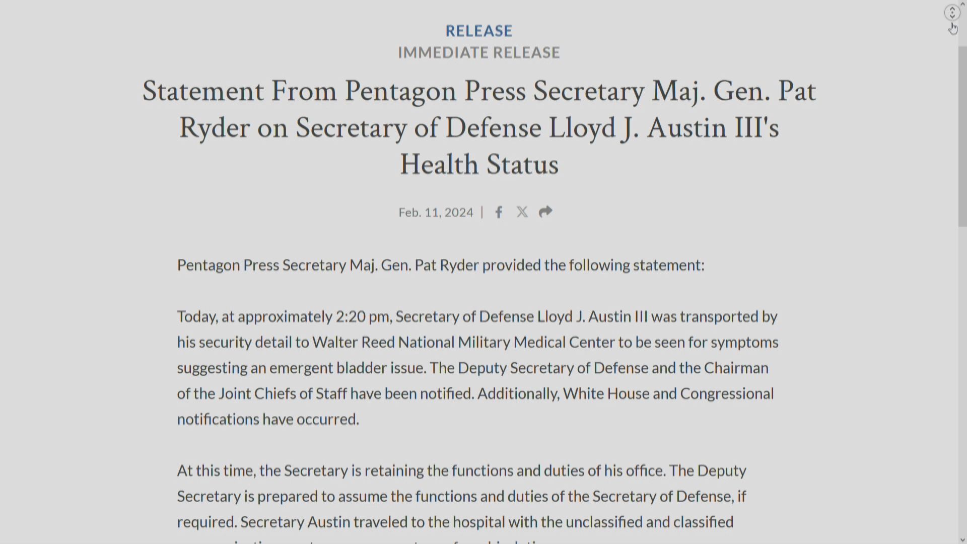 美國防長奧斯汀因緊急膀胱問題再入院 美國防部即日公布