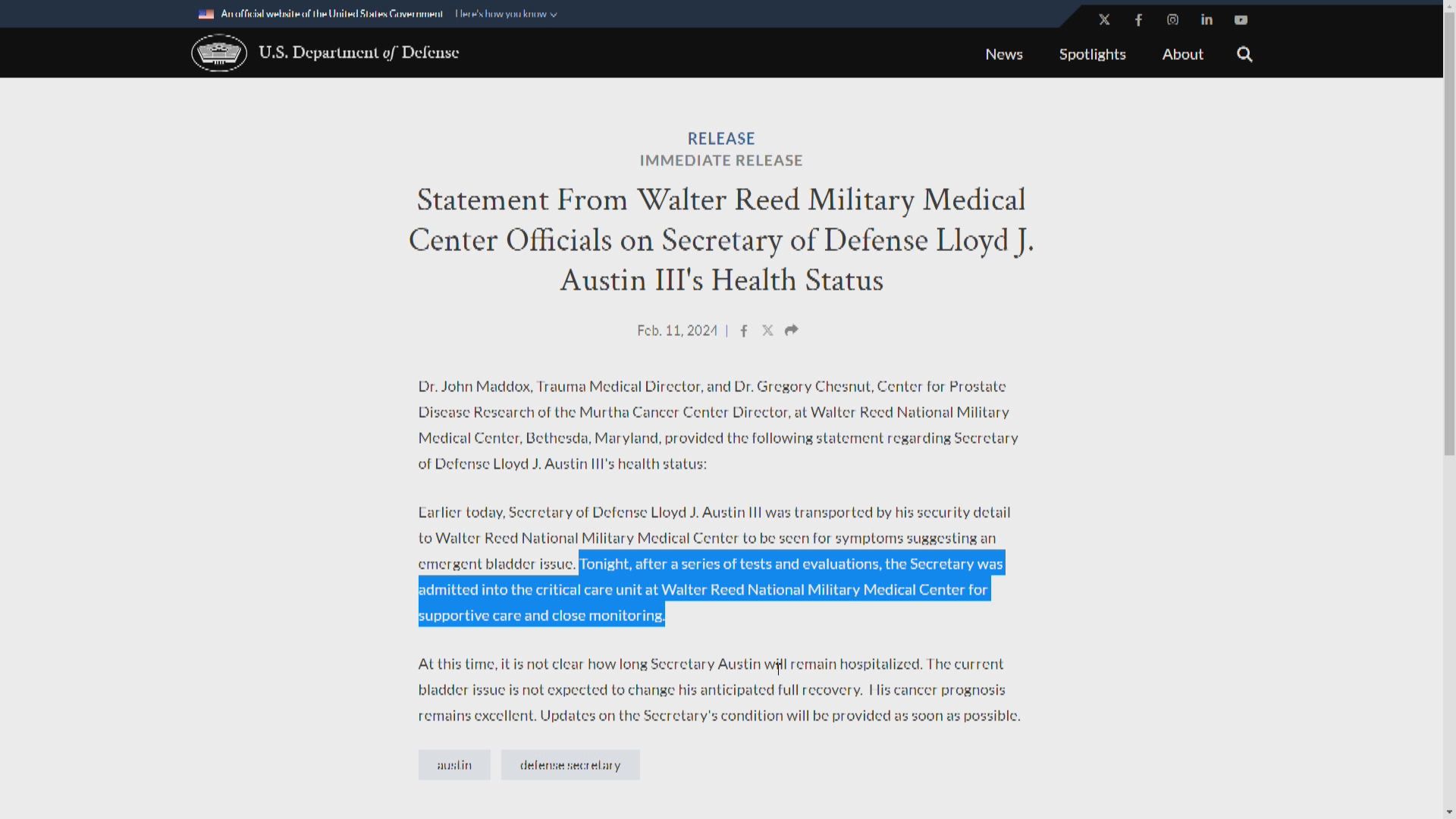 美國防長奧斯汀因緊急膀胱問題再入院 在深切治療部接受監察