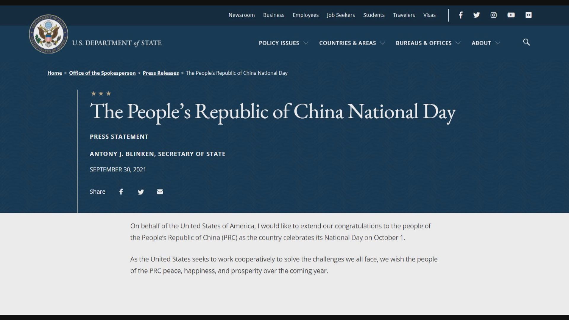 布林肯祝賀中華人民共和國國慶