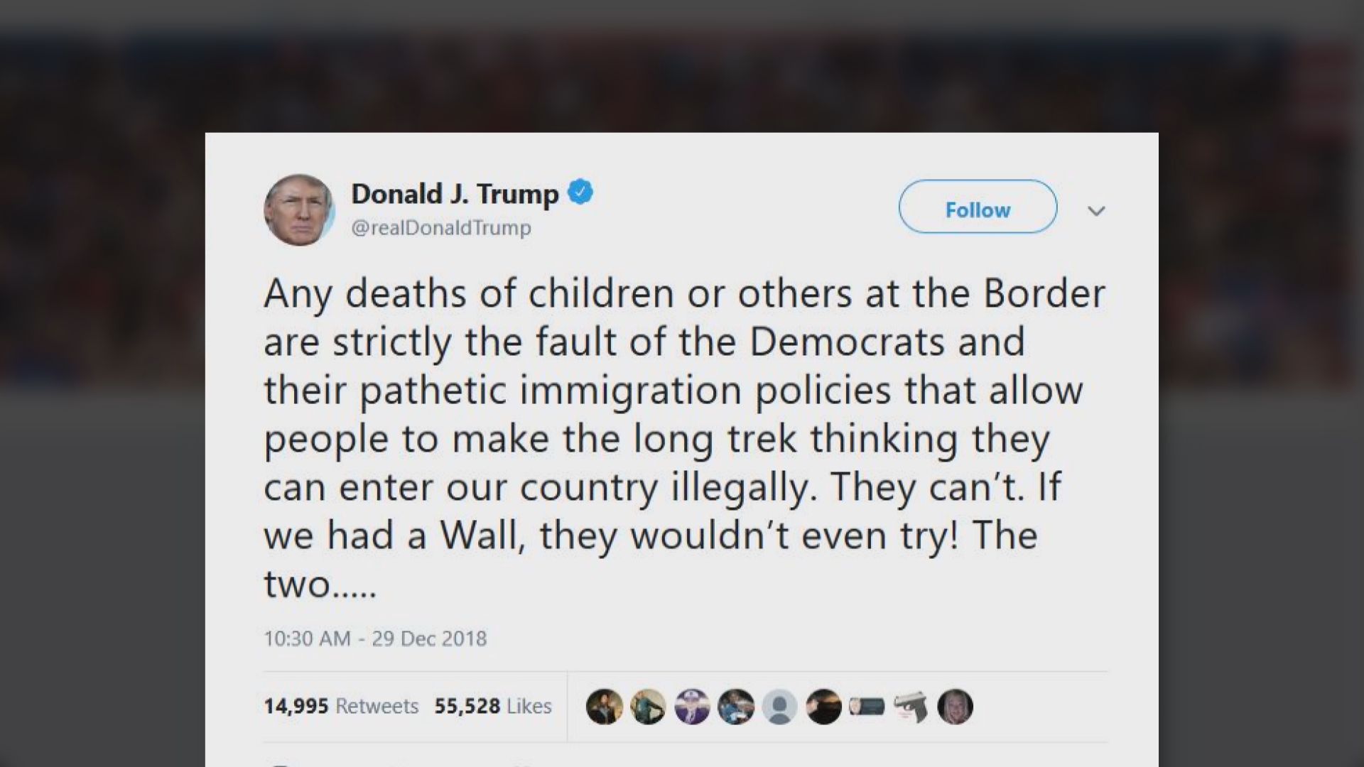 特朗普：兒童在美國邊境死亡屬民主黨的錯