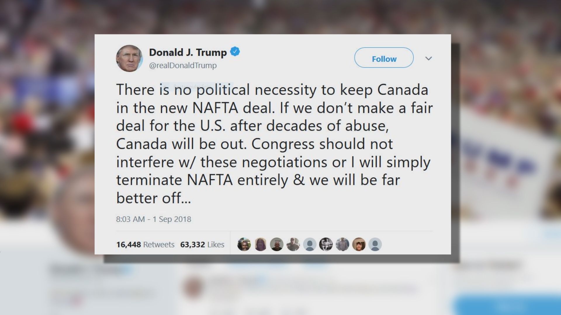 特朗普稱新貿易協定或排除加拿大