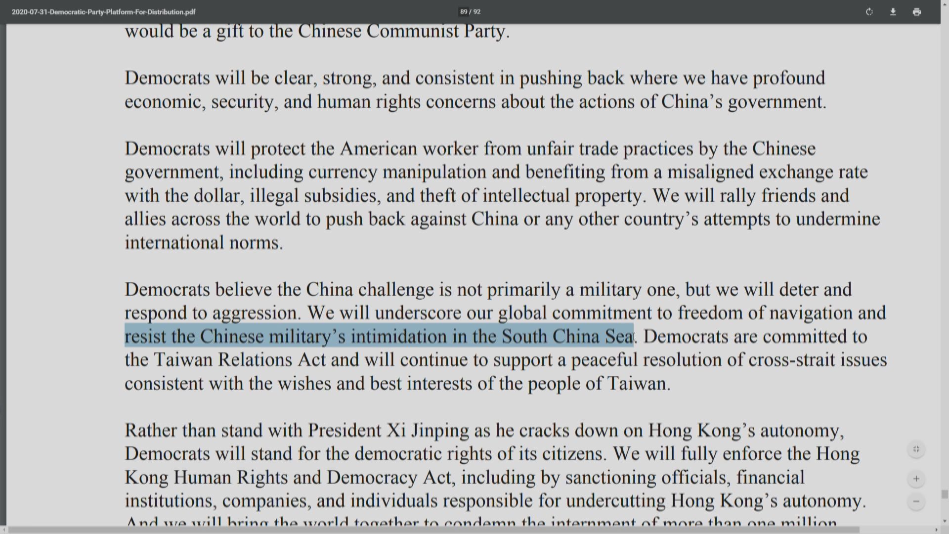 美國民主黨黨綱無再提及「一個中國」字眼