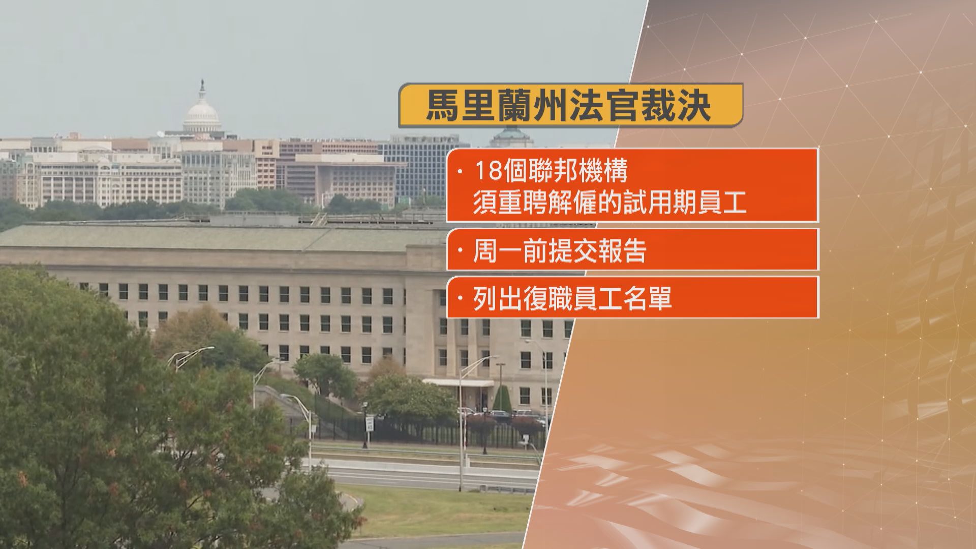 美國法官下令多個聯邦機構重聘被裁減的試用期員工