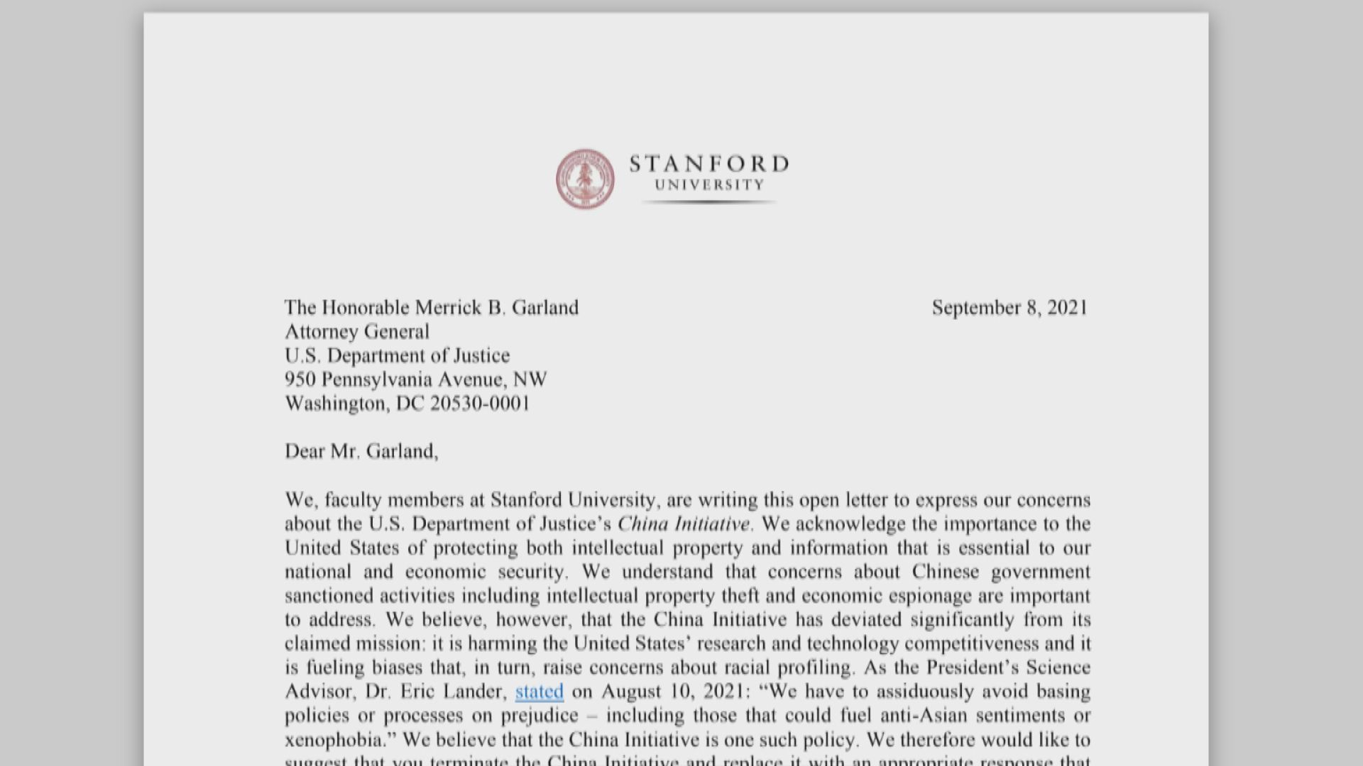 美國史丹福大學教授促司法部停止在大學內搜尋中國間諜