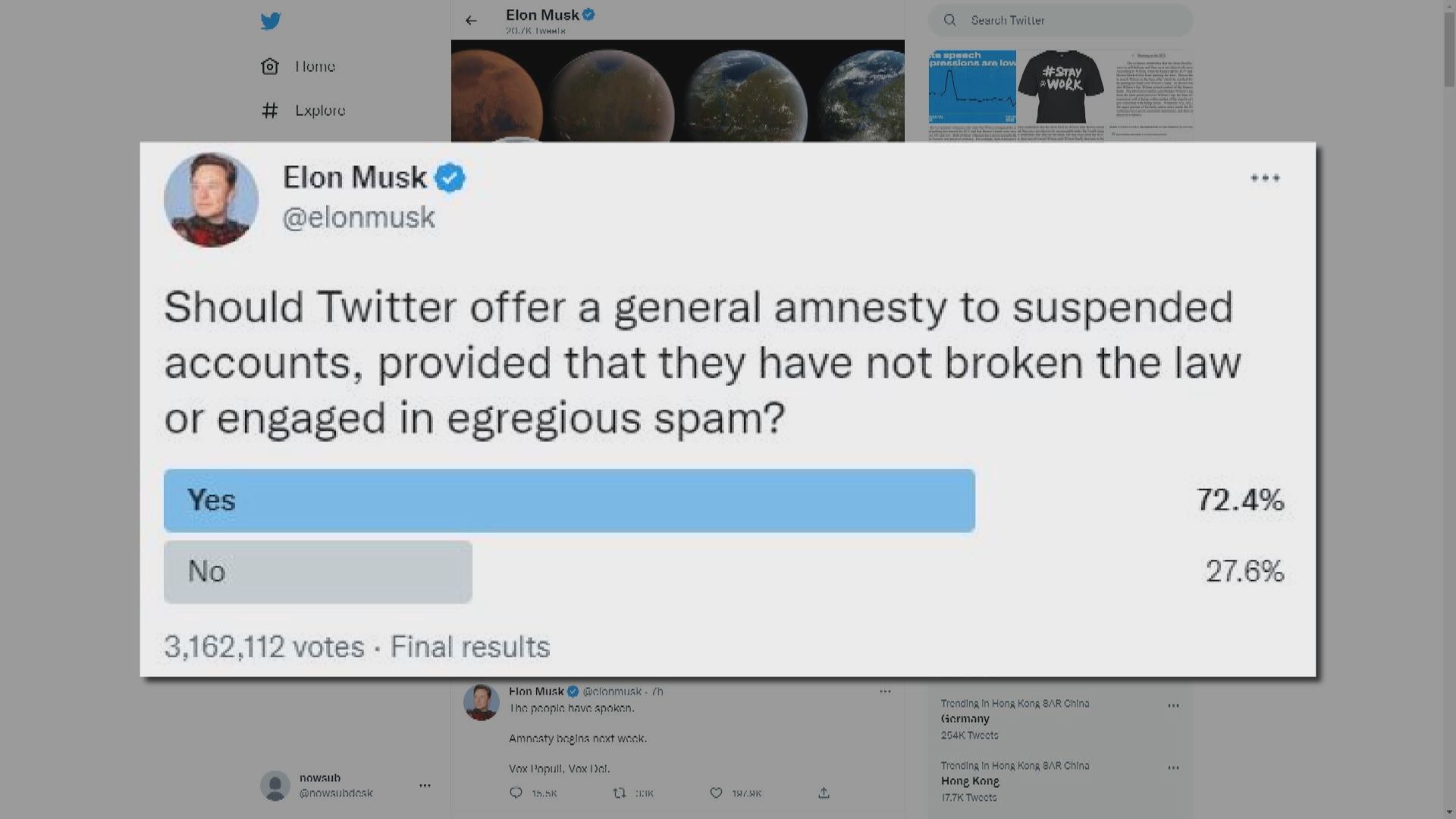 馬斯克宣布將大赦被鎖Twitter賬戶