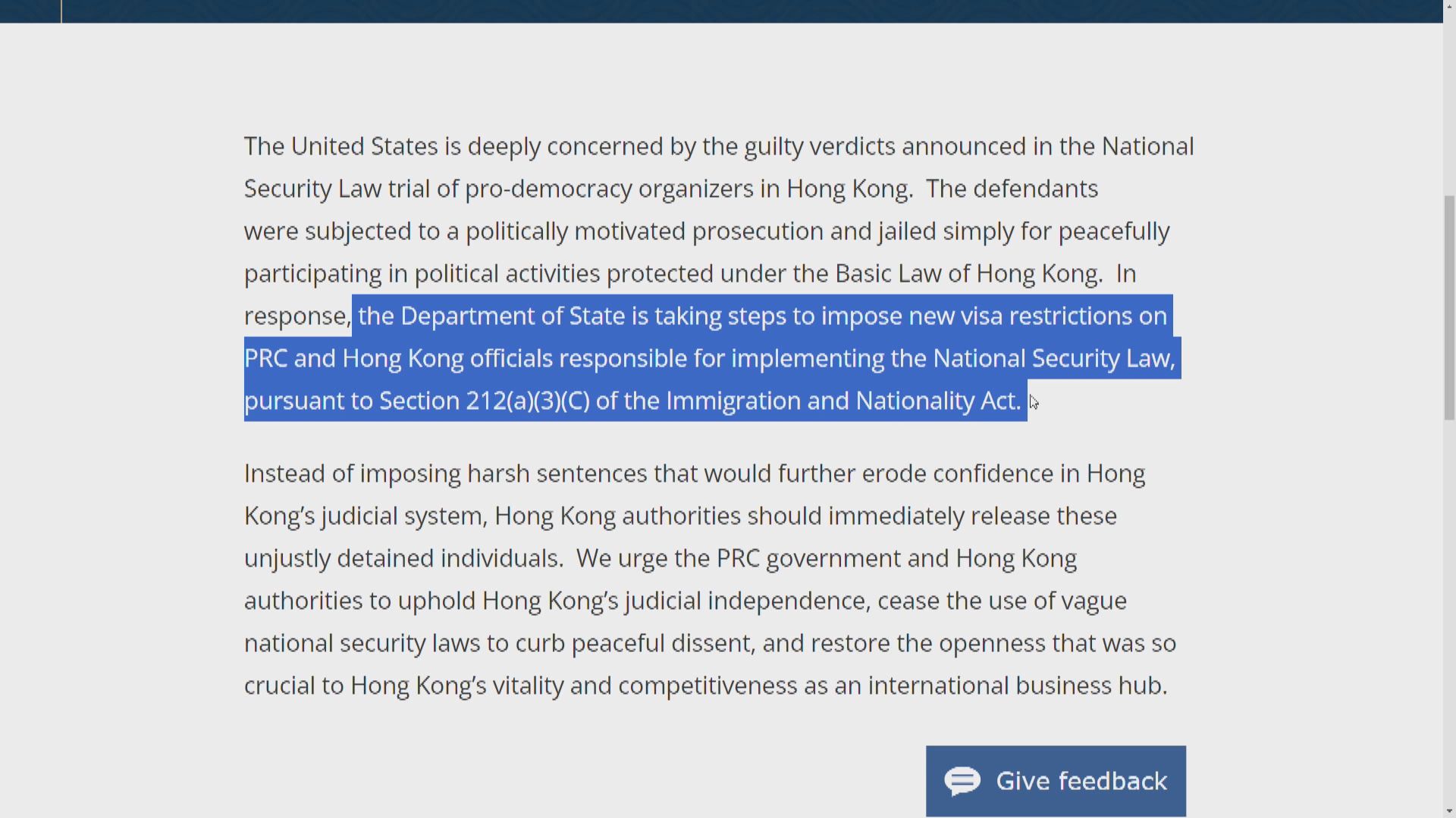 美國就民主派顛覆政權案裁決對內地及香港官員實施新簽證限制