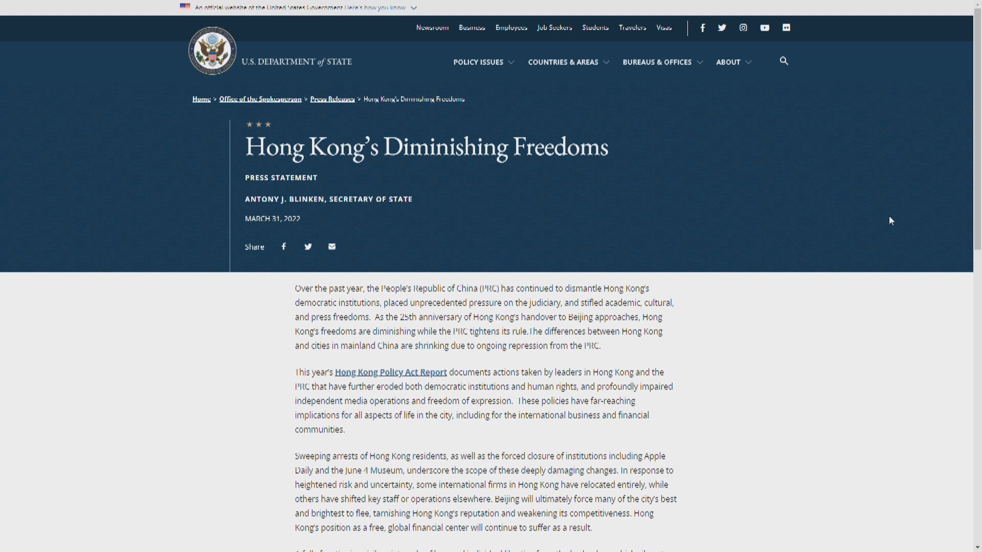英美發表報告指香港民主自由持續受到打壓