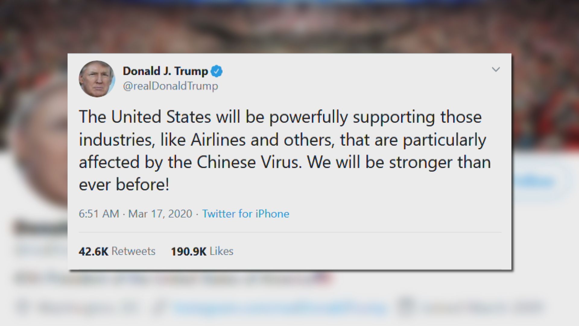 特朗普首以「中國病毒」形容新型肺炎
